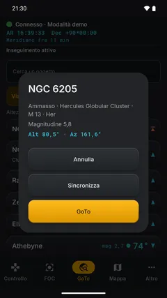 Schermata GoTo, tema scuro: scheda di NGC 6205 con i comandi Annulla, Sincronizza e GoTo