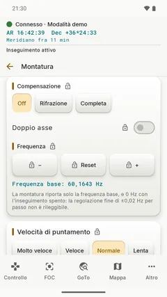 Impostazioni della montatura, tema chiaro: compensazione, frequenza e velocità di puntamento