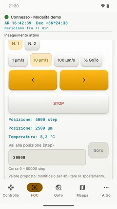 Focheggiatore, tema chiaro: spostamenti, posizione in passi e micron e temperatura