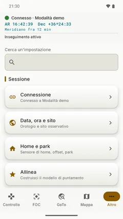 Menu Altro, tema chiaro: connessione, data, ora e sito, home e park, allineamento
