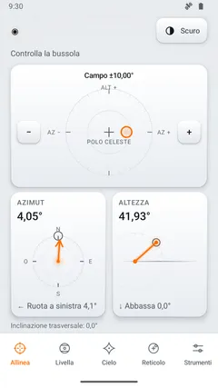 Schermata Allinea, tema giorno: bersaglio visivo sul polo celeste con indicatori di azimut e altezza