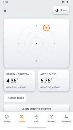 Schermata Livella, tema giorno: bolla a due assi con inclinazione destra/sinistra e alto/basso del telefono