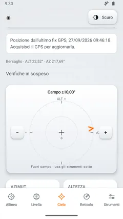 Schermata Cielo, tema giorno: posizione dal GPS, bersaglio in altezza e azimut e verifiche in sospeso