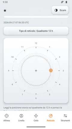 Schermata Reticolo, tema giorno: reticolo per cannocchiale polare a quadrante di 12 ore