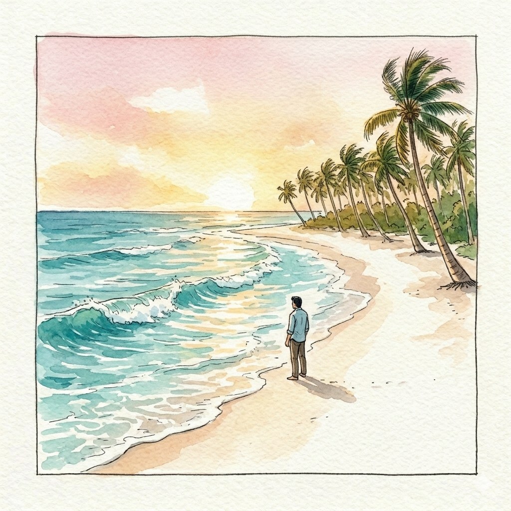Cabarete si apre davanti a lui — sabbia bianca, palme, il vento che chiama il mare. Il viaggio, finalmente, comincia.