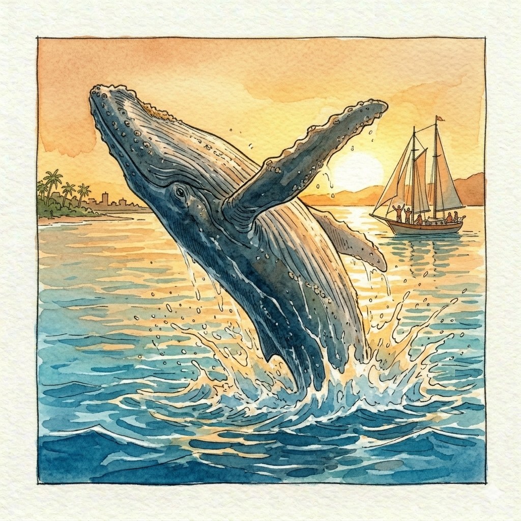 In barca a vela la baia si spalanca in uno spettacolo immenso: le megattere che saltano, lo stupore di tutti.
